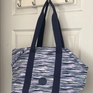 Kipling Navy, Lavender and Gray Striped Canvas Tote